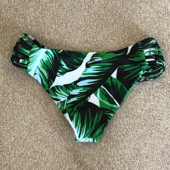 Tropical Leaf Print Caged Bikini Bottom - Picture 3 of 5
